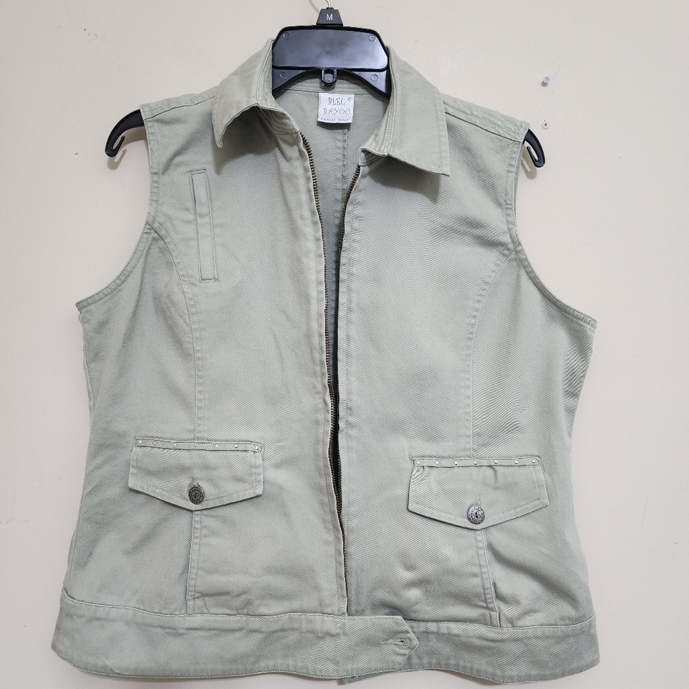 BLEU BAYOU Full Zip Studded‎ Vest Pockets Large Sage Green Vintage